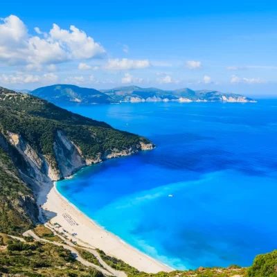 Home or system image or placeholder depicting Myrtos Beach from above